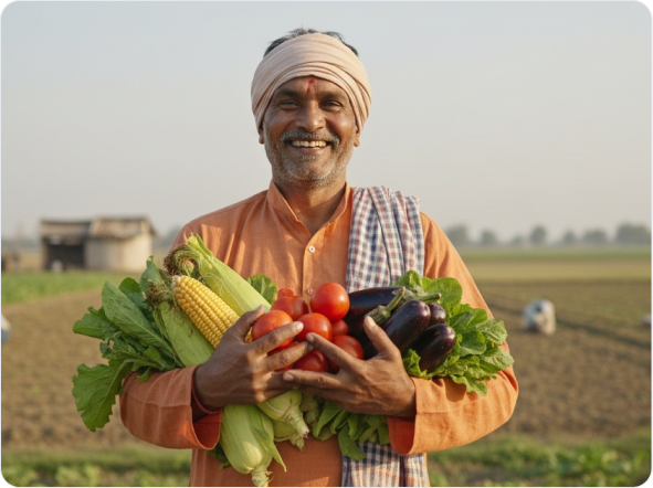 Farmer holding fresh vegetables in a field