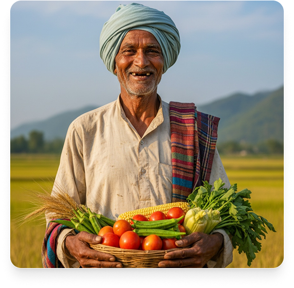 Farmer holding fresh vegetables in a field